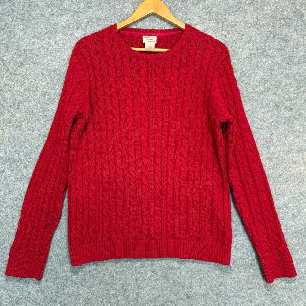 LL Bean Chunky Cable Knit Sweater Womens Large Jumper Red Crewneck Regular 0hnr2